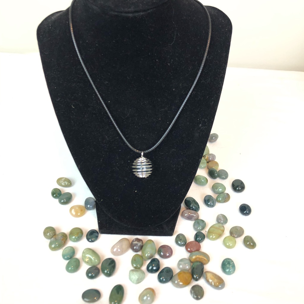 Moss Agate Crystal Cage Pendant Necklace 13$